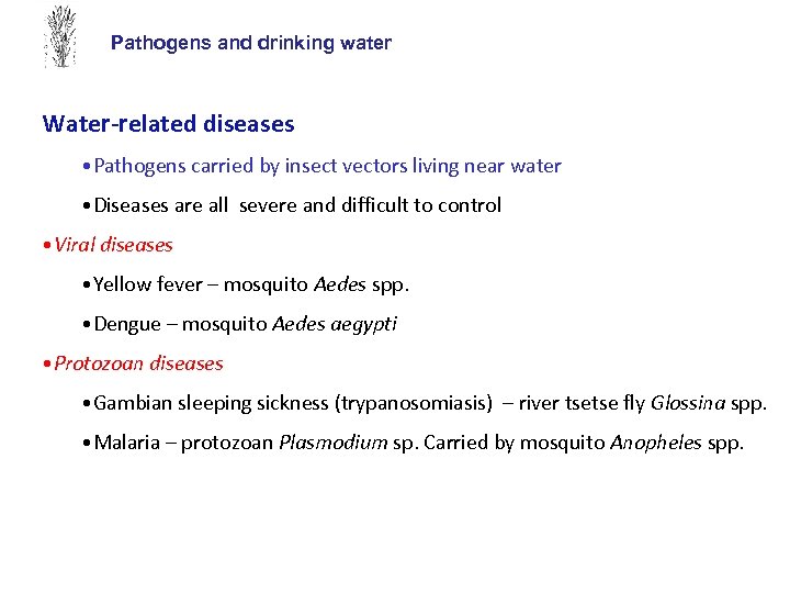 Pathogens and drinking water Water-related diseases • Pathogens carried by insect vectors living near