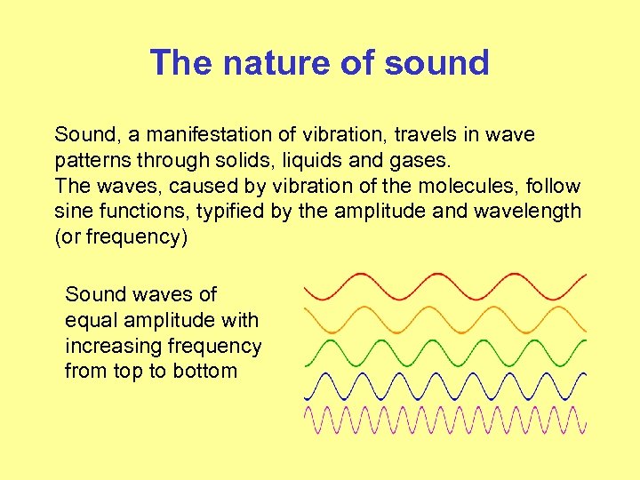 The nature of sound Sound, a manifestation of vibration, travels in wave patterns through