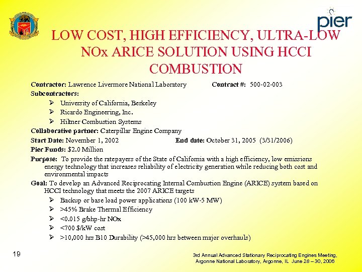 LOW COST, HIGH EFFICIENCY, ULTRA-LOW NOx ARICE SOLUTION USING HCCI COMBUSTION Contractor: Lawrence Livermore