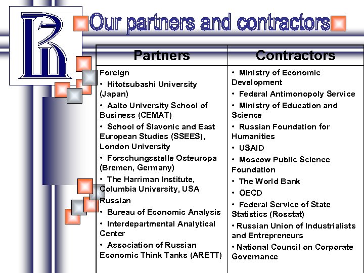 Partners Contractors Foreign • Hitotsubashi University (Japan) • Aalto University School of Business (CEMAT)