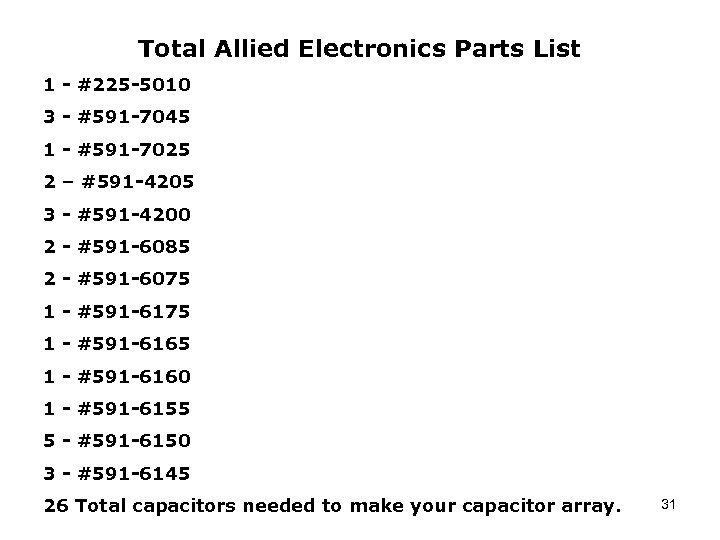 Total Allied Electronics Parts List 1 - #225 -5010 3 - #591 -7045 1