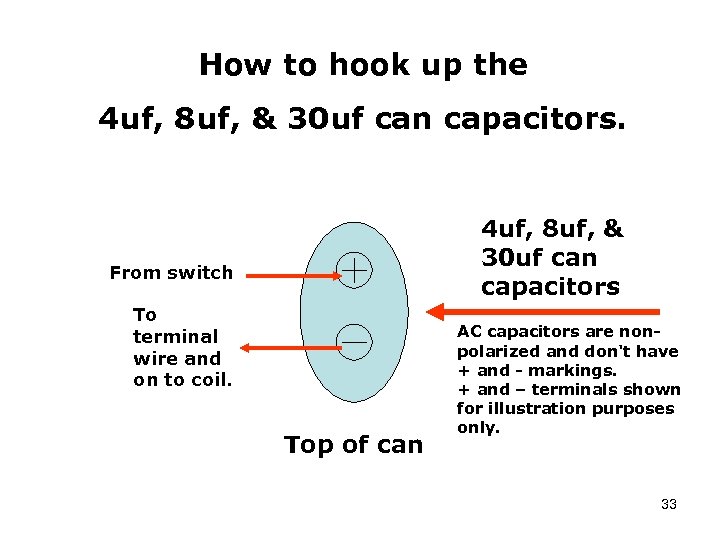 How to hook up the 4 uf, 8 uf, & 30 uf can capacitors