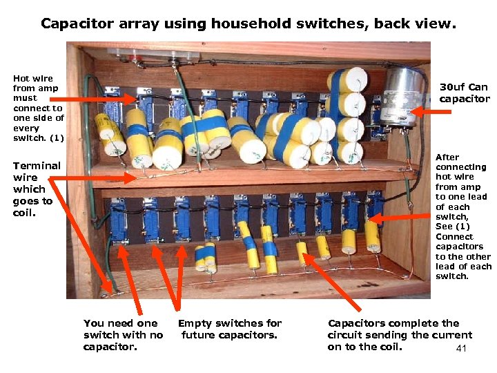 Capacitor array using household switches, back view. Hot wire from amp must connect to