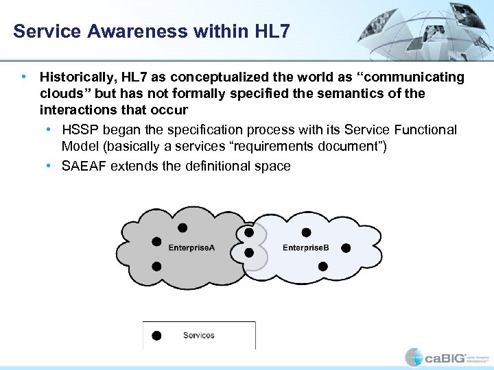 Service Awareness within HL 7 • Historically, HL 7 as conceptualized the world as