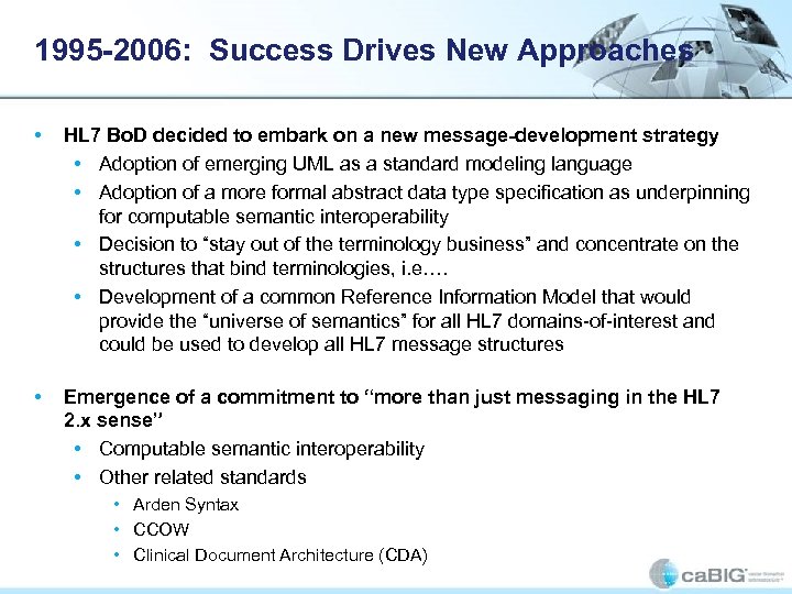 1995 -2006: Success Drives New Approaches • HL 7 Bo. D decided to embark