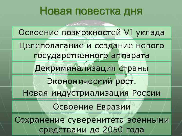 Новая повестка дня Освоение возможностей VI уклада Целеполагание и создание нового государственного аппарата Декриминализация