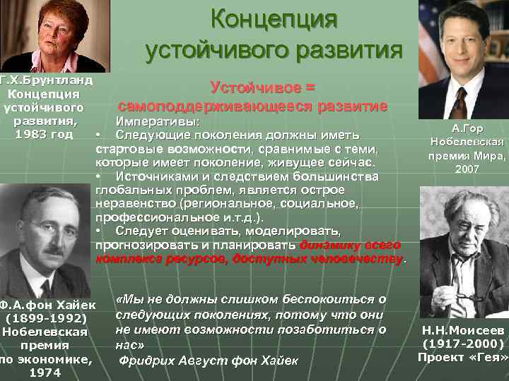Концепция устойчивого развития Г. Х. Брунтланд Концепция устойчивого развития, 1983 год • Устойчивое =