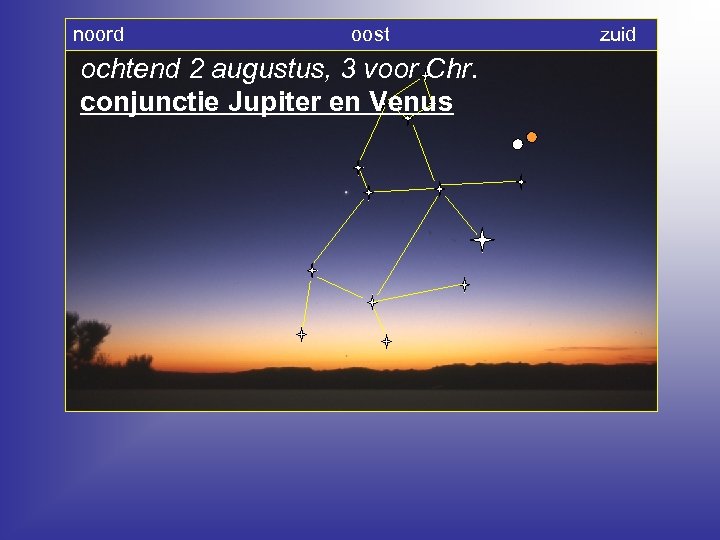 noord oost zuid ochtend 2 augustus, 3 voor Chr. conjunctie Jupiter en Venus 