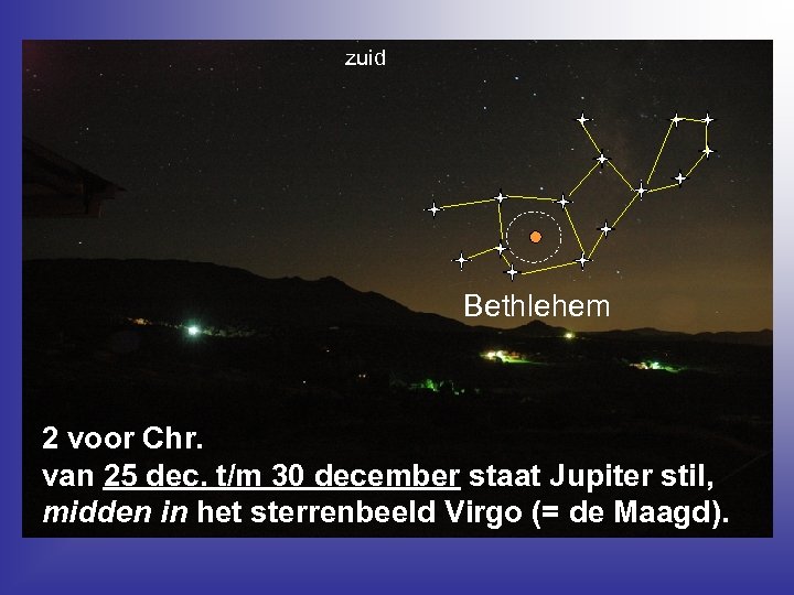  zuid Bethlehem 2 voor Chr. van 25 dec. t/m 30 december staat Jupiter