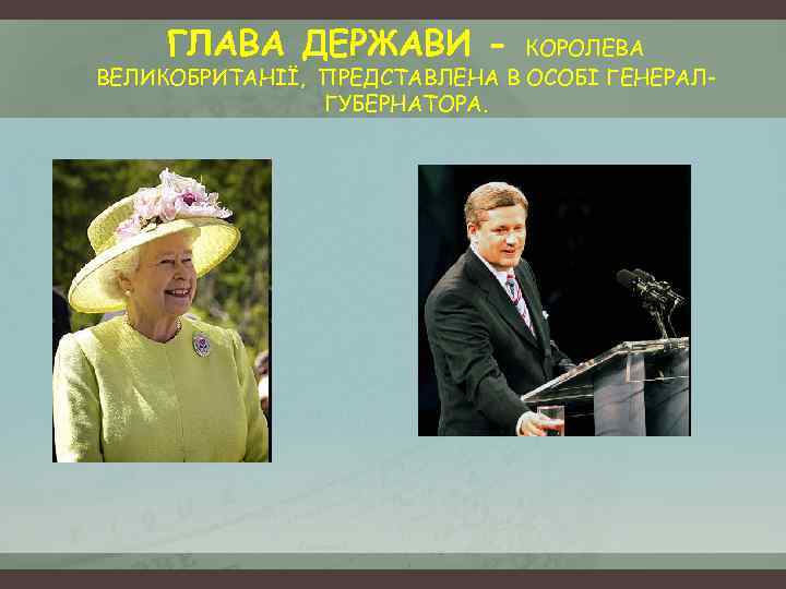 ГЛАВА ДЕРЖАВИ - КОРОЛЕВА ВЕЛИКОБРИТАНІЇ, ПРЕДСТАВЛЕНА В ОСОБІ ГЕНЕРАЛГУБЕРНАТОРА. 