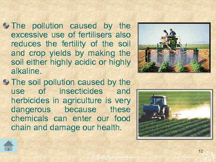 The pollution caused by the excessive use of fertilisers also reduces the fertility of