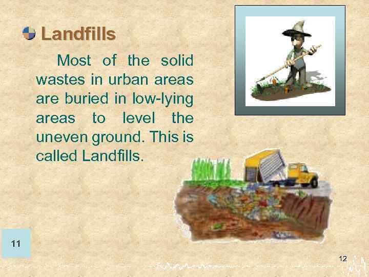 Landfills Most of the solid wastes in urban areas are buried in low-lying areas