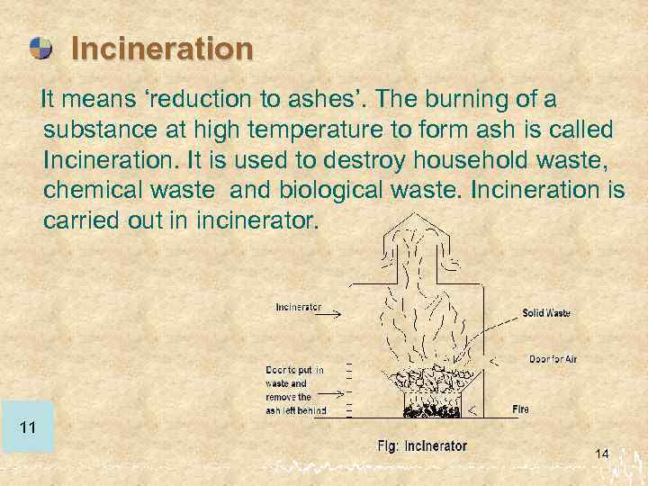 Incineration It means ‘reduction to ashes’. The burning of a substance at high temperature