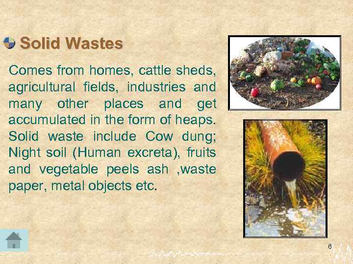 Solid Wastes Comes from homes, cattle sheds, agricultural fields, industries and many other places