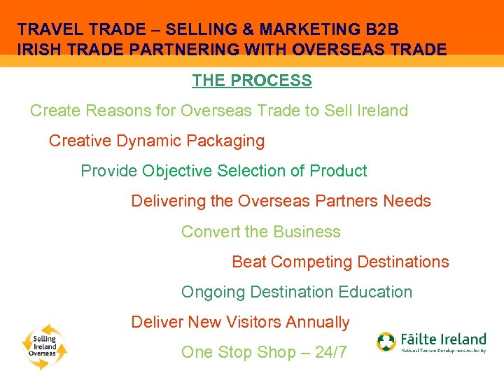 TRAVEL TRADE – SELLING & MARKETING B 2 B IRISH TRADE PARTNERING WITH OVERSEAS