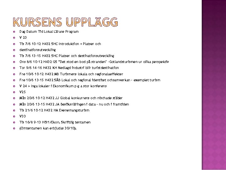  Dag Datum Tid Lokal Lärare Program V 23 Tis 7/6 10 -12 H