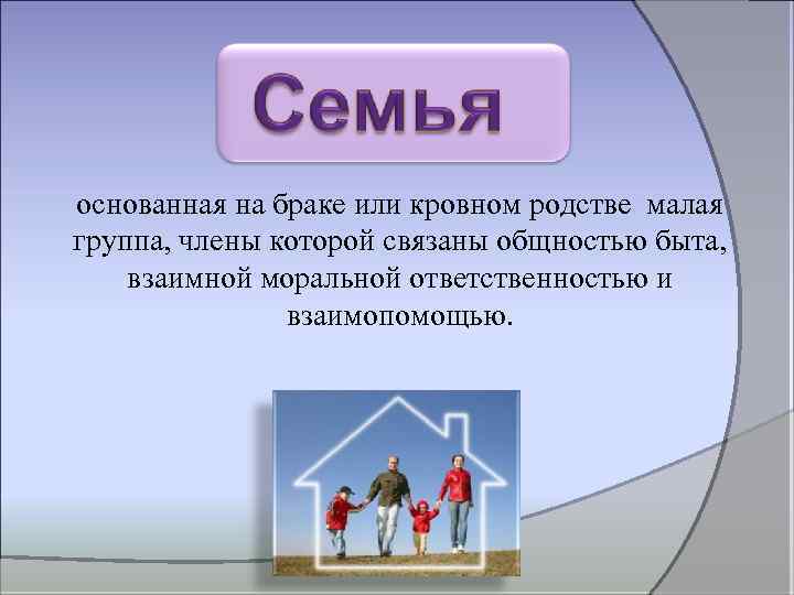 основанная на браке или кровном родстве малая группа, члены которой связаны общностью быта, взаимной