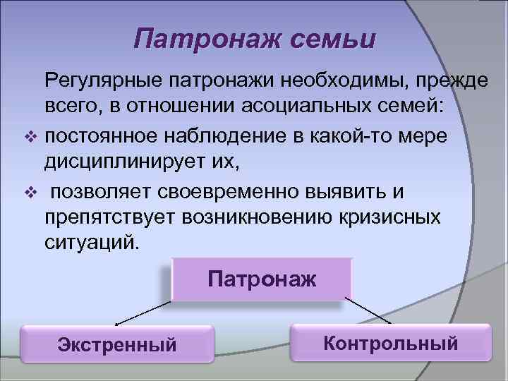 Патронаж семьи Регулярные патронажи необходимы, прежде всего, в отношении асоциальных семей: v постоянное наблюдение