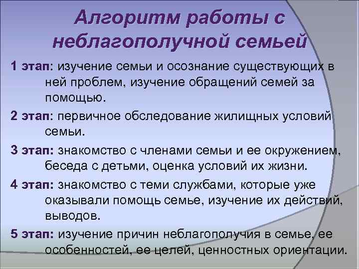 Алгоритм работы с неблагополучной семьей 1 этап: изучение семьи и осознание существующих в ней