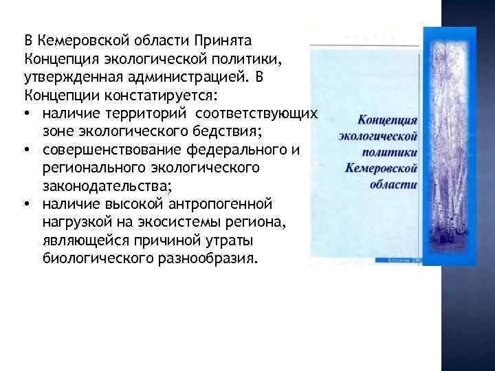 В Кемеровской области Принята Концепция экологической политики, утвержденная администрацией. В Концепции констатируется: • наличие