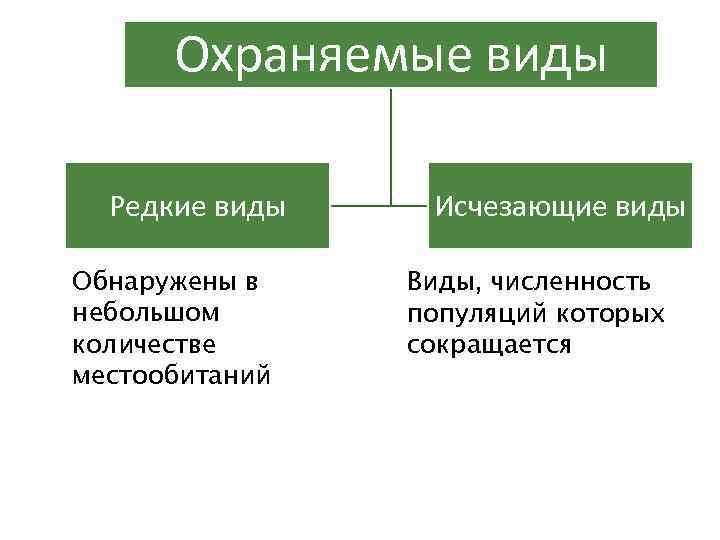 Охраняемые виды Редкие виды Обнаружены в небольшом количестве местообитаний Исчезающие виды Виды, численность популяций