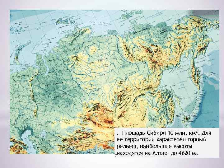 . Площадь Сибири 10 млн. км 2. Для ее территории характерен горный рельеф, наибольшие