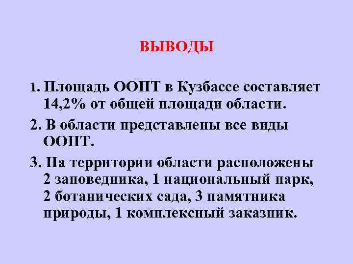 ВЫВОДЫ 1. Площадь ООПТ в Кузбассе составляет 14, 2% от общей площади области. 2.