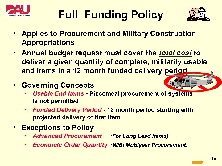 Full Funding Policy • Applies to Procurement and Military Construction Appropriations • Annual budget