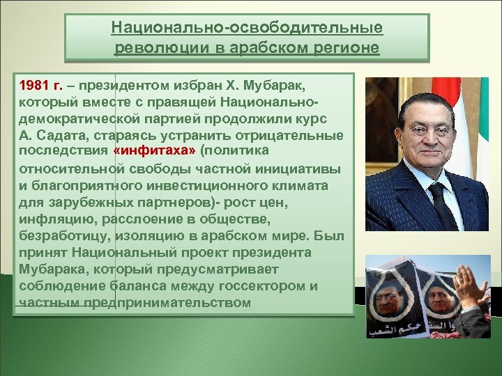 Национально-освободительные революции в арабском регионе 1981 г. – президентом избран X. Мубарак, который вместе