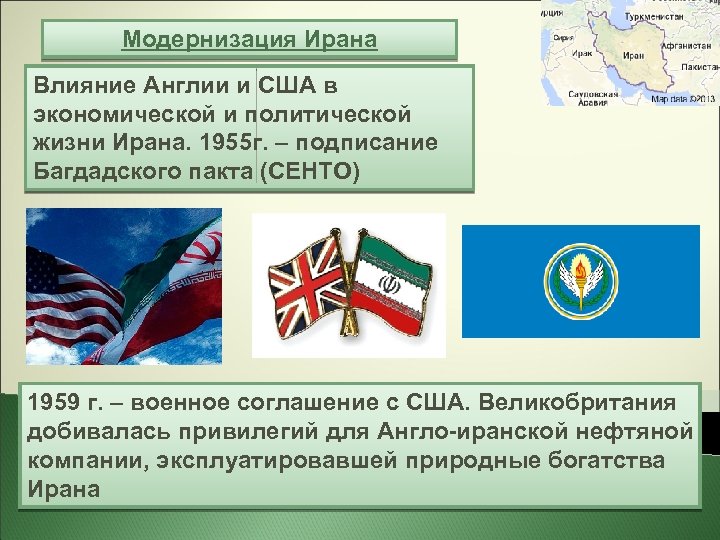 Модернизация Ирана Влияние Англии и США в экономической и политической жизни Ирана. 1955 г.
