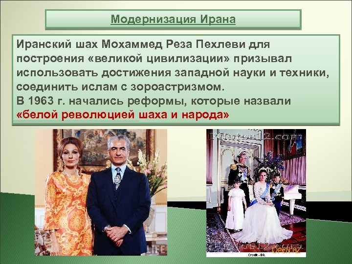 Модернизация Ирана Иранский шах Мохаммед Реза Пехлеви для построения «великой цивилизации» призывал использовать достижения