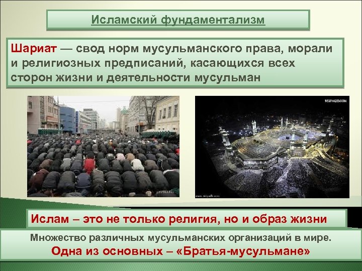 Исламский фундаментализм Шариат — свод норм мусульманского права, морали и религиозных предписаний, касающихся всех