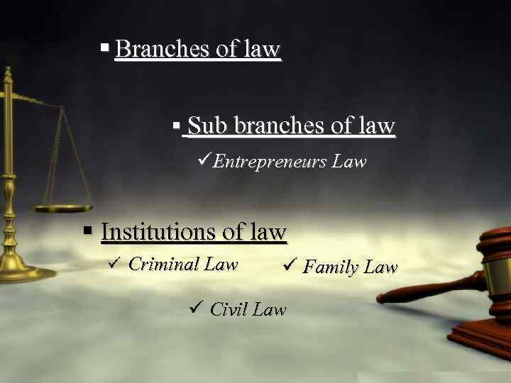 § Branches of law § Sub branches of law üEntrepreneurs Law § Institutions of