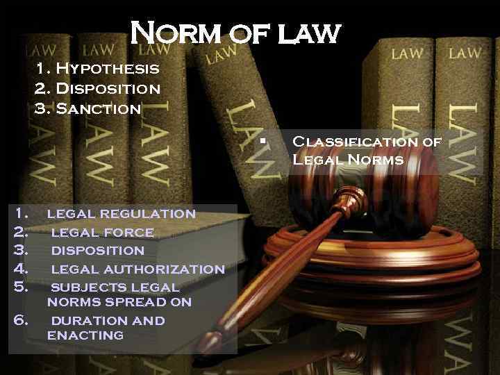 Norm of law 1. Hypothesis 2. Disposition 3. Sanction § 1. 2. 3. 4.