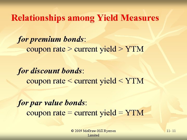 Relationships among Yield Measures for premium bonds: coupon rate > current yield > YTM