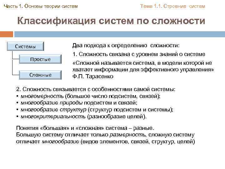 Часть 1. Основы теории систем Тема 1. 1. Строение систем Классификация систем по сложности