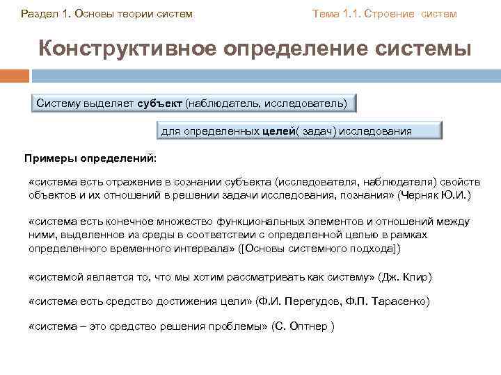 Раздел 1. Основы теории систем Тема 1. 1. Строение систем Конструктивное определение системы Систему