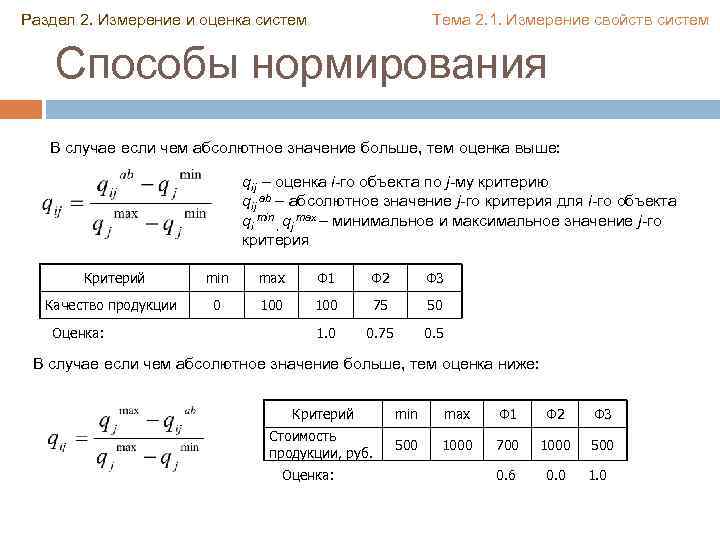 Раздел 2. Измерение и оценка систем Тема 2. 1. Измерение свойств систем Способы нормирования