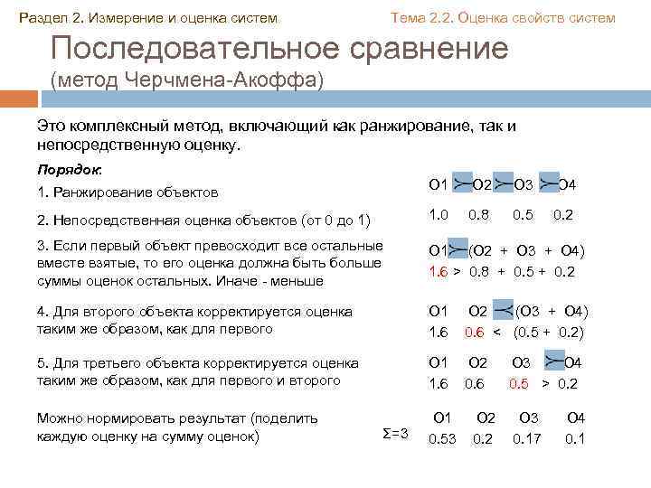 Раздел 2. Измерение и оценка систем Тема 2. 2. Оценка свойств систем Последовательное сравнение