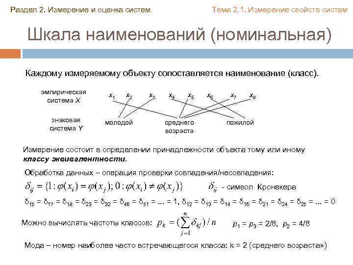 Раздел 2. Измерение и оценка систем Тема 2. 1. Измерение свойств систем Шкала наименований