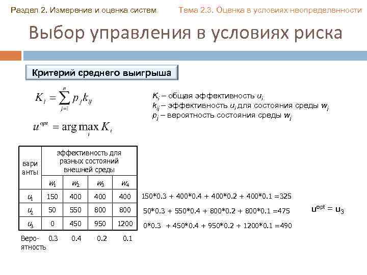 Раздел 2. Измерение и оценка систем Тема 2. 3. Оценка в условиях неопределенности Выбор