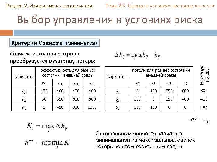 Раздел 2. Измерение и оценка систем Тема 2. 3. Оценка в условиях неопределенности Выбор
