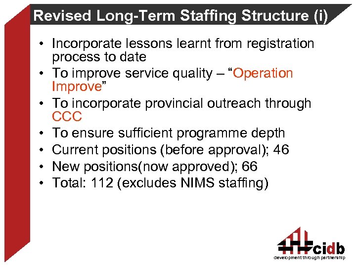 Revised Long-Term Staffing Structure (i) • Incorporate lessons learnt from registration process to date