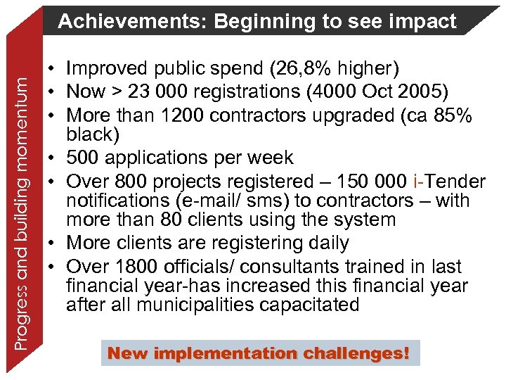 Progress and building momentum Achievements: Beginning to see impact • Improved public spend (26,