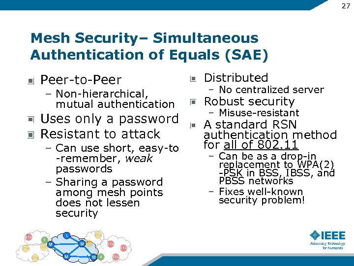 27 Mesh Security– Simultaneous Authentication of Equals (SAE) Peer-to-Peer – Non-hierarchical, mutual authentication Uses