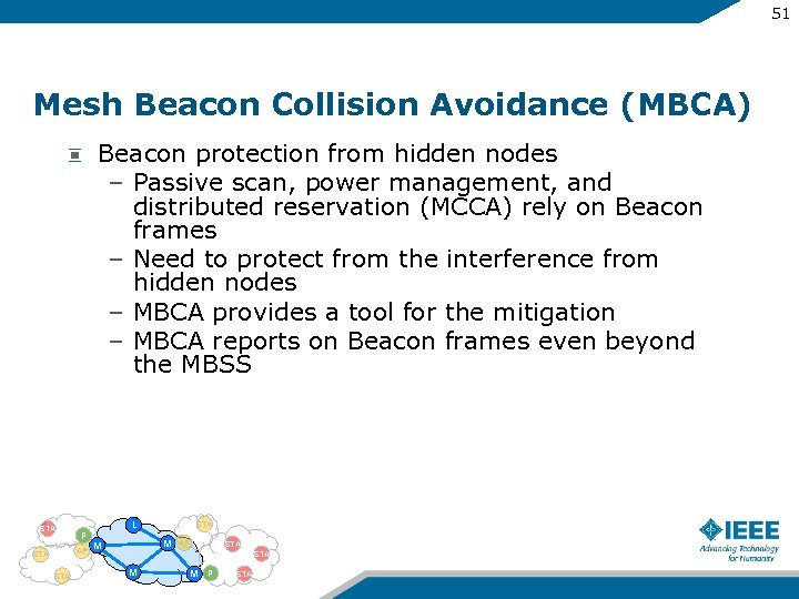 51 Mesh Beacon Collision Avoidance (MBCA) Beacon protection from hidden nodes – Passive scan,