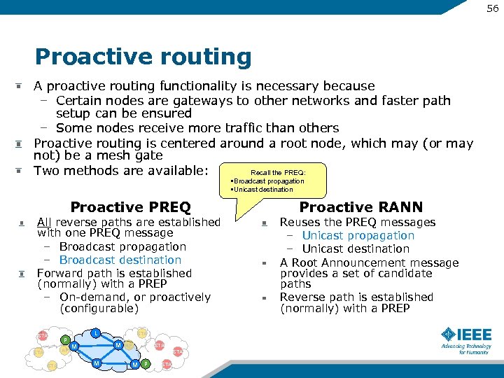 56 Proactive routing A proactive routing functionality is necessary because – Certain nodes are