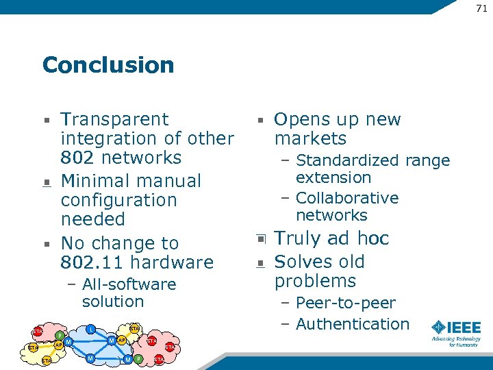 71 Conclusion Transparent integration of other 802 networks Minimal manual configuration needed No change
