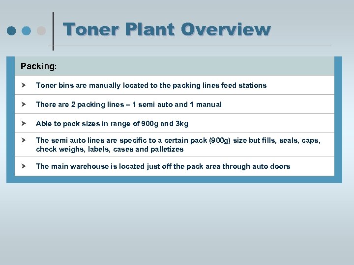 Toner Plant Overview Packing: Toner bins are manually located to the packing lines feed