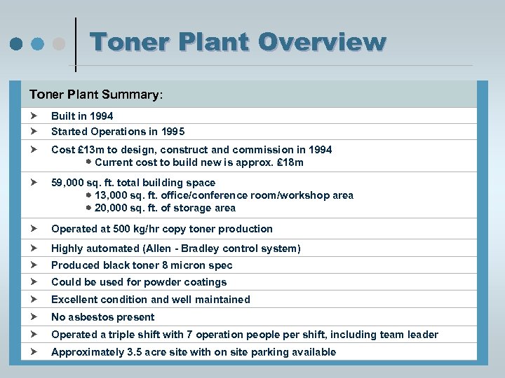 Toner Plant Overview Toner Plant Summary: Built in 1994 Cost ₤ 13 m to